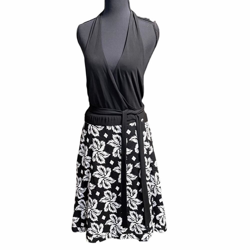 Diane Von Furstenberg DVF Amelia black white halter wrap dress size 14 cotton